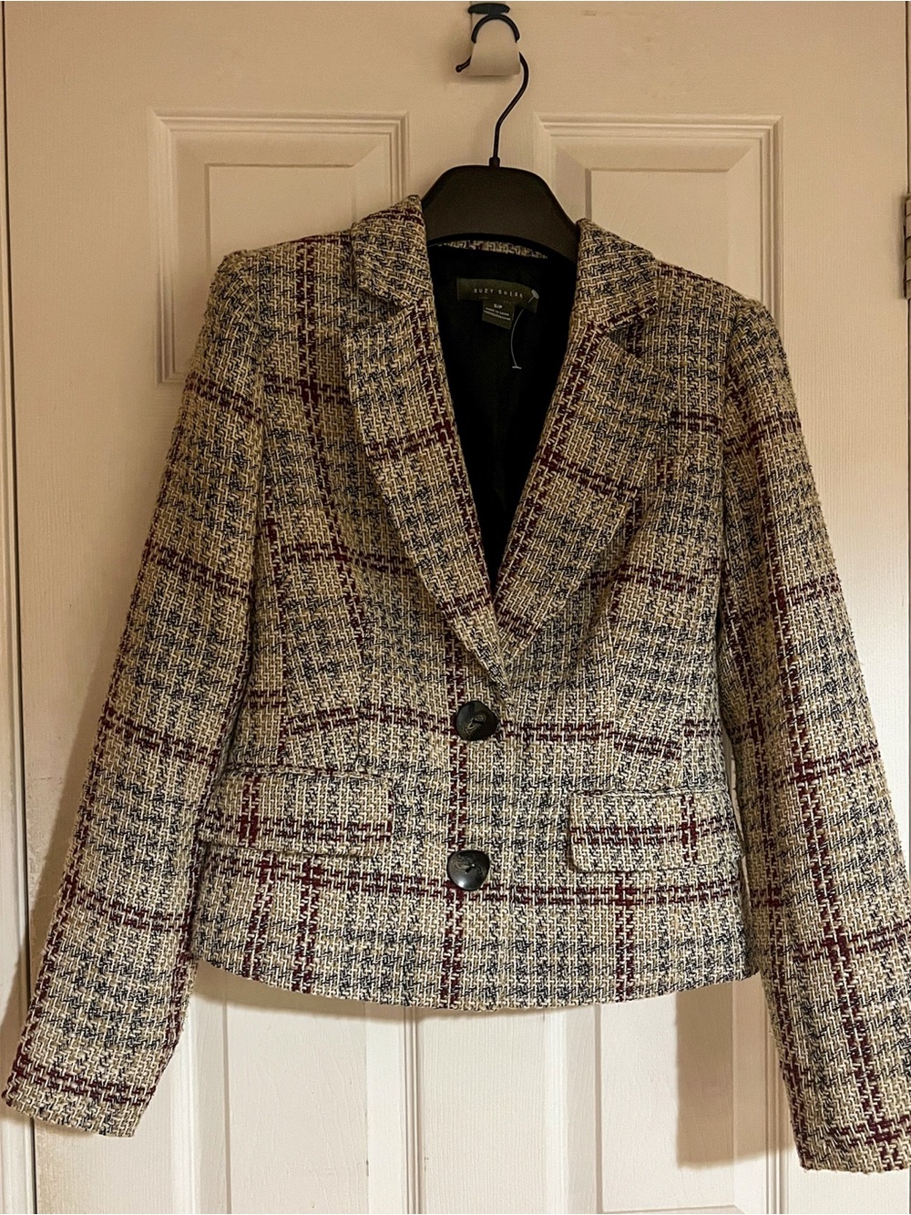 Suzy Shier Plaid Tweed Blazer Jacket - Beige Burgundy